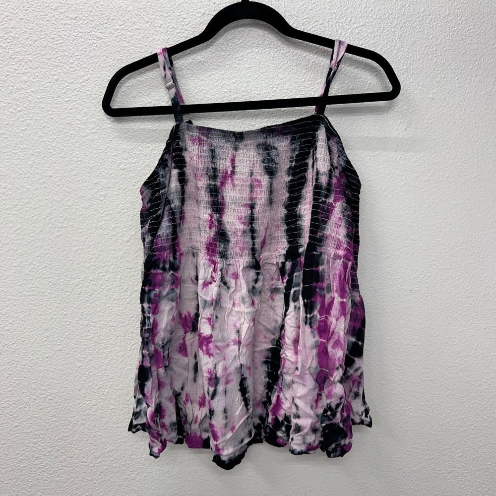 Torrid purple black tie dye cold shoulder smocked top strap top Size: 00 - Picture 2 of 7